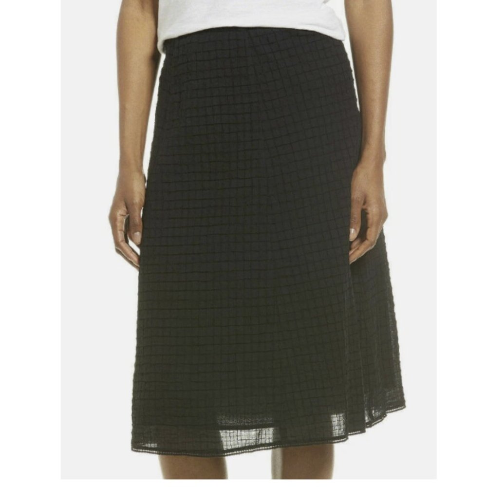 Eileen Fisher Organic Cotton Voil Box Knee Length Skirt Size L Black NWT $248